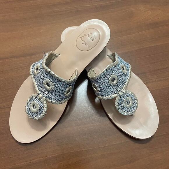 Jack Rogers Gold Leather & Tweed Sandals – Size 6.5 - Picture 2 of 6